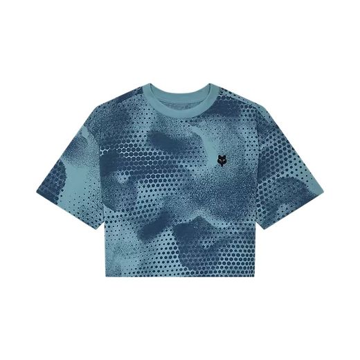 Camiseta Técnica Fox AOP Corta de Gran Tamaño para Mujer – Comodidad y Estilo Deportivo Azul Lavado Vintage